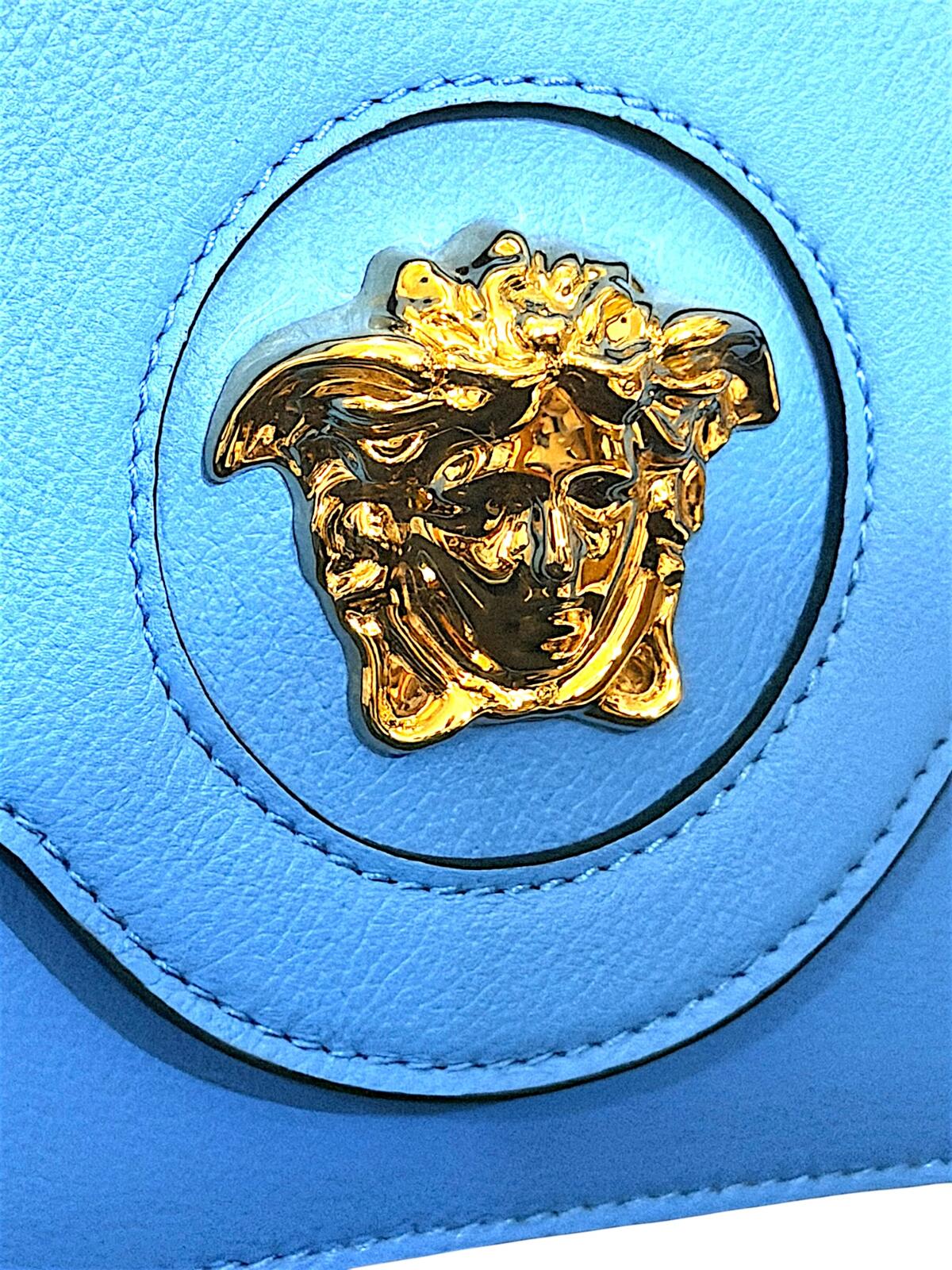 Versace La Medusa Blue Leather Crossbody Bag Gold Medusa Chain Strap NWT