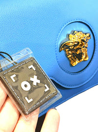 Versace La Medusa Blue Leather Crossbody Bag Gold Medusa Chain Strap NWT