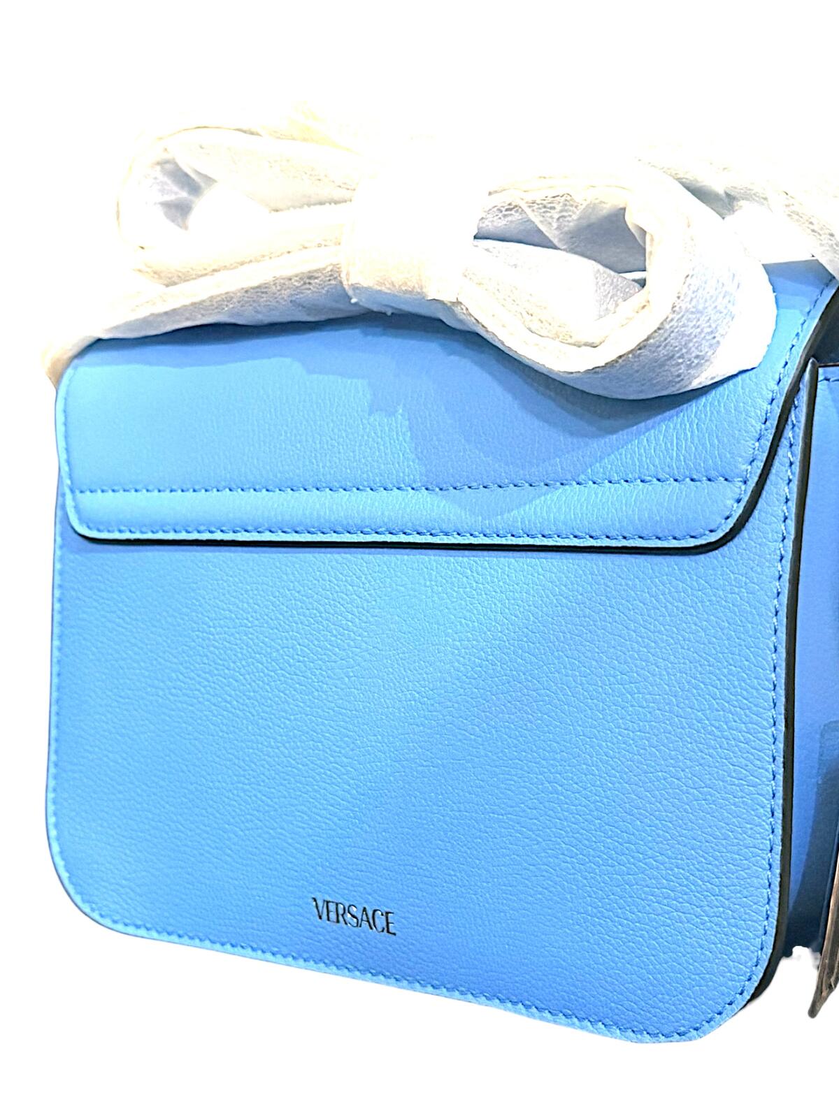 Versace La Medusa Blue Leather Crossbody Bag Gold Medusa Chain Strap NWT