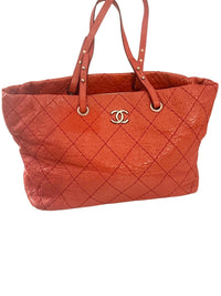 Chanel Coral Red Quilted Caviar Leather CC Tote