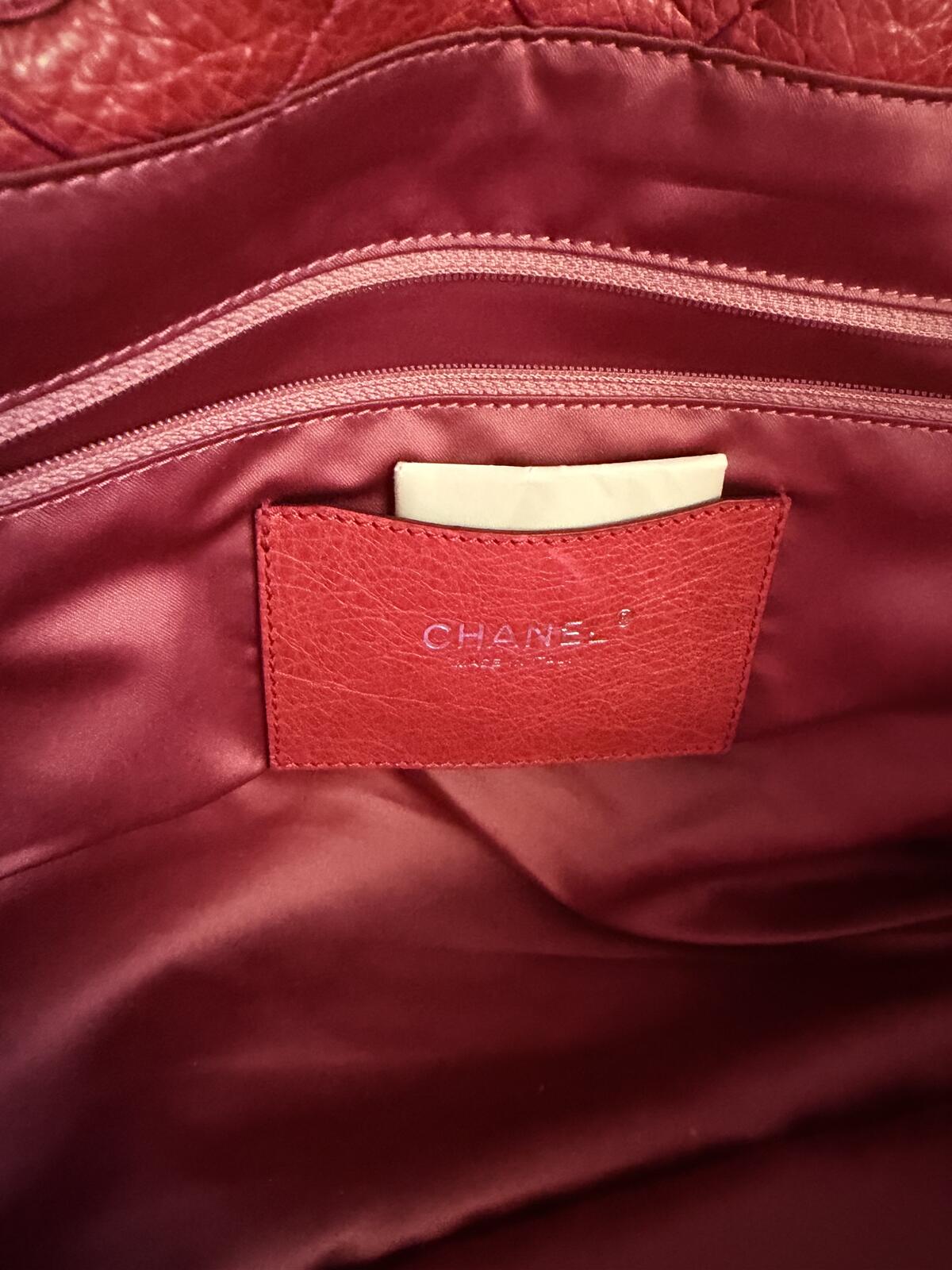 Chanel Coral Red Quilted Caviar Leather CC Tote