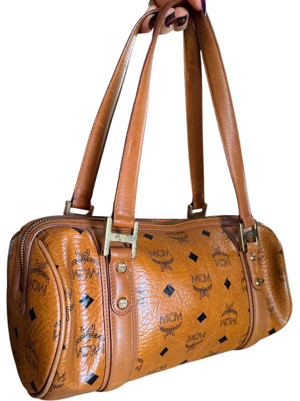 MCM Vintage Cognac Visetos Barrel Shoulder Bag