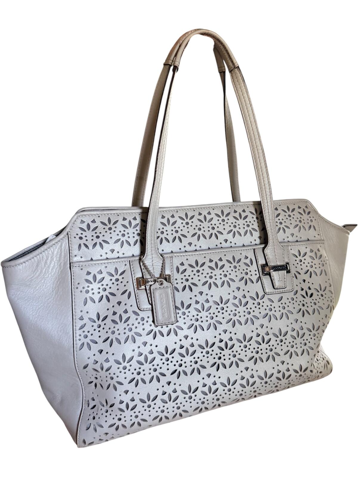 Coach Taylor Eyelet Carryall Tote Bag Light Gray Leather Floral Perforated