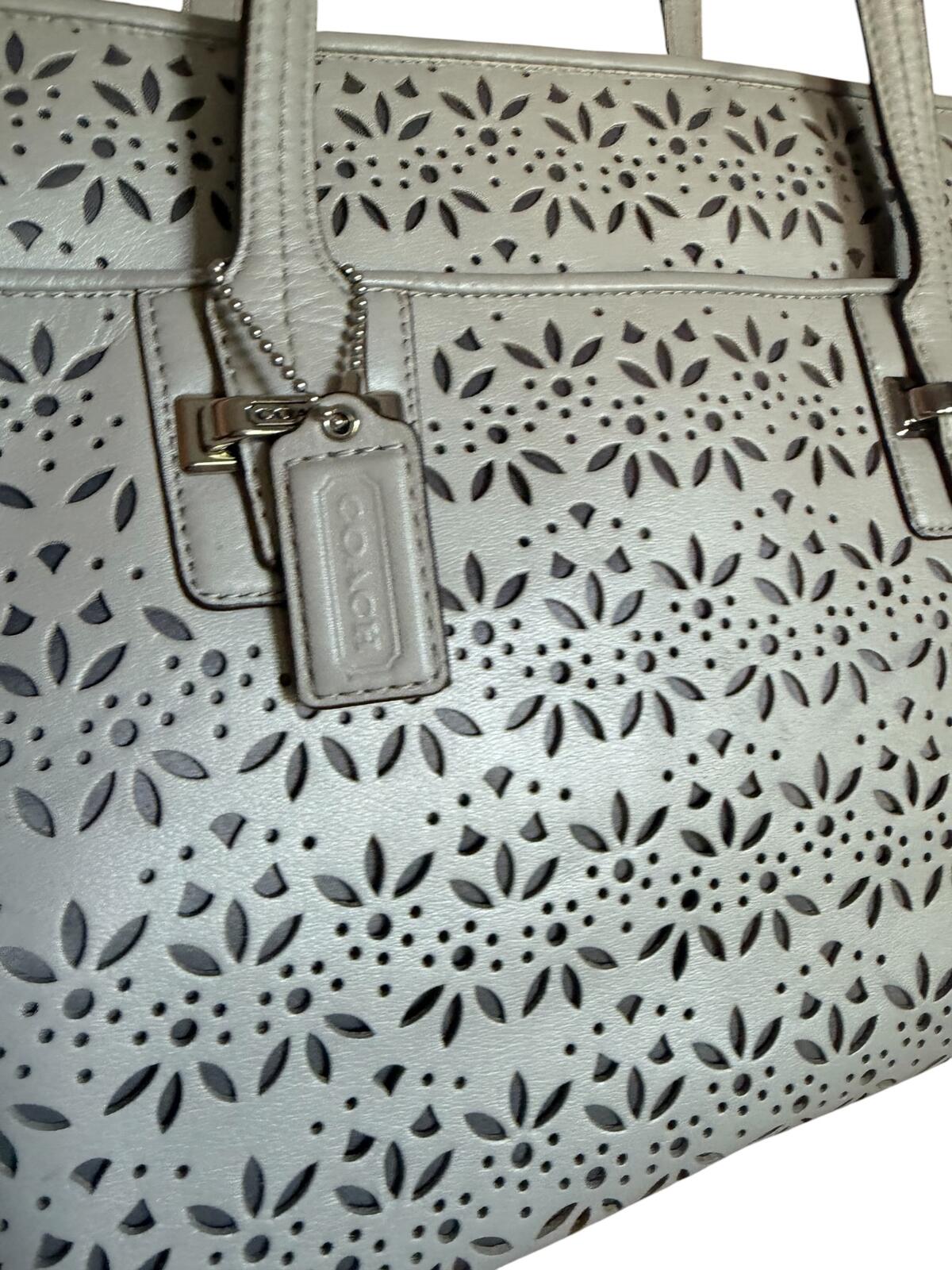 Coach Taylor Eyelet Carryall Tote Bag Light Gray Leather Floral Perforated