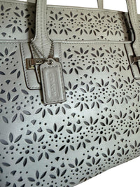 Coach Taylor Eyelet Carryall Tote Bag Light Gray Leather Floral Perforated