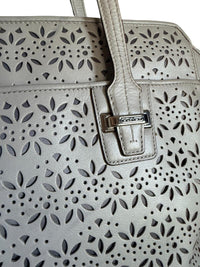 Coach Taylor Eyelet Carryall Tote Bag Light Gray Leather Floral Perforated