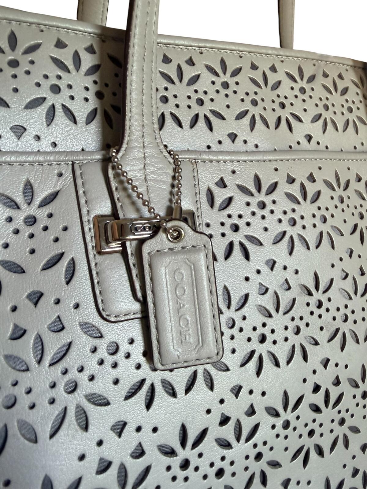 Coach Taylor Eyelet Carryall Tote Bag Light Gray Leather Floral Perforated