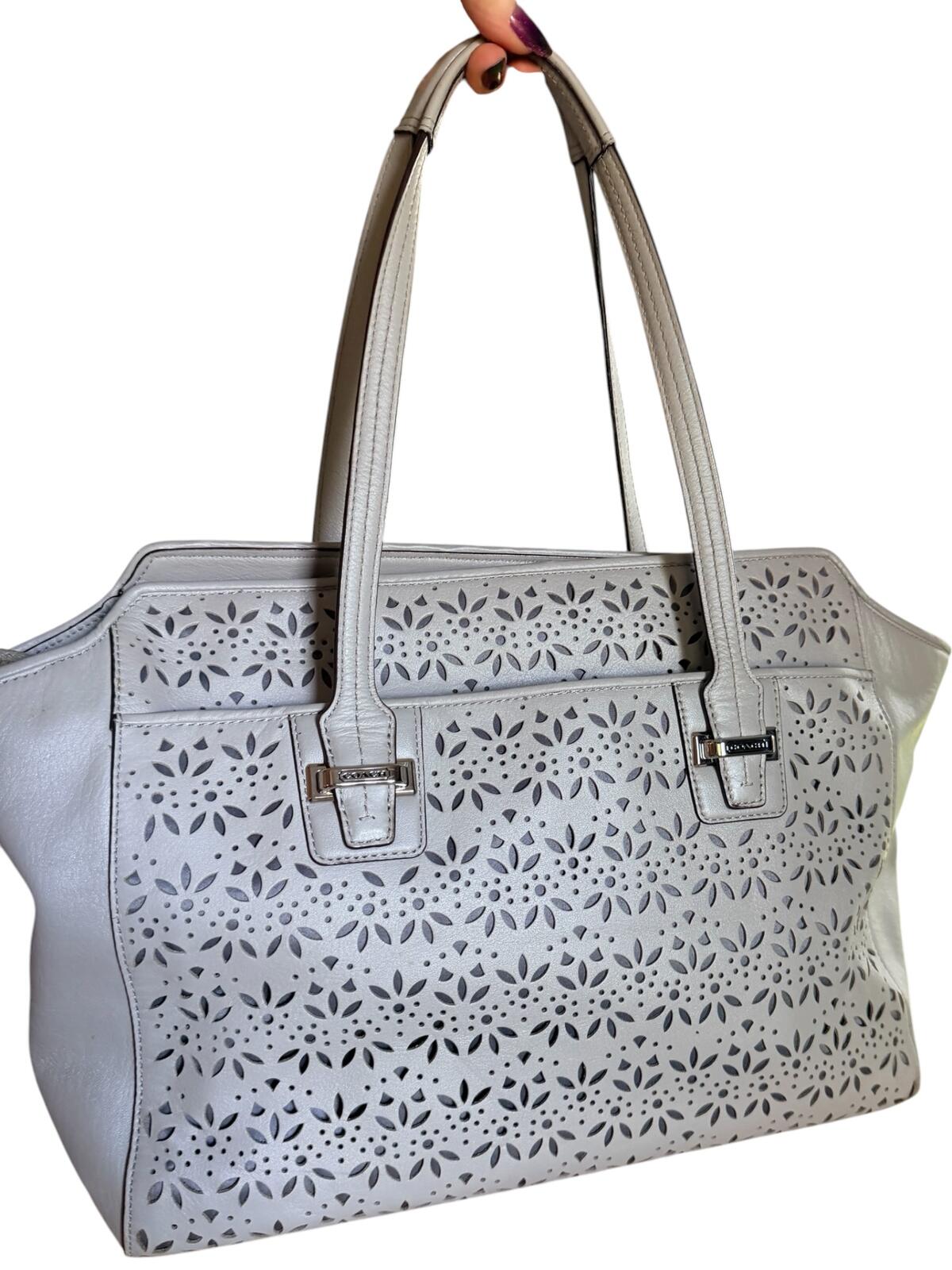Coach Taylor Eyelet Carryall Tote Bag Light Gray Leather Floral Perforated