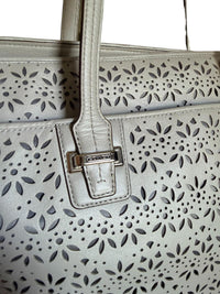 Coach Taylor Eyelet Carryall Tote Bag Light Gray Leather Floral Perforated