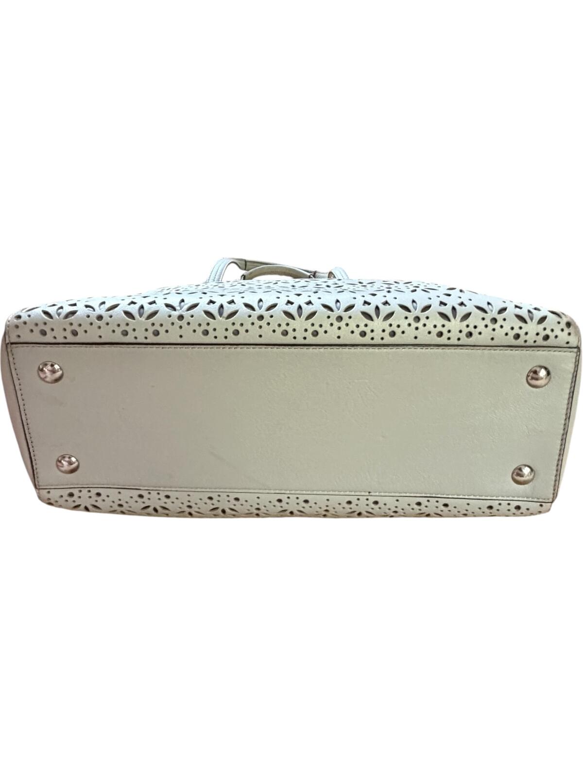 Coach Taylor Eyelet Carryall Tote Bag Light Gray Leather Floral Perforated