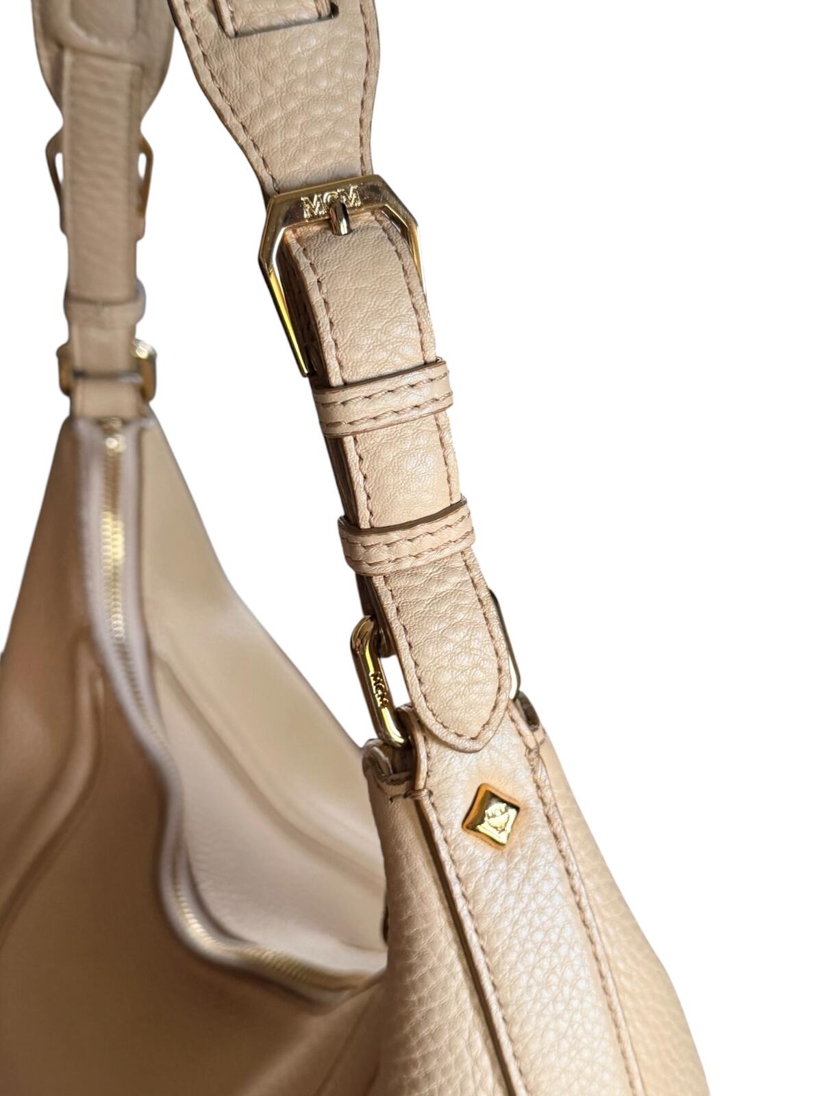 MCM Klara Medium Hobo Bag Beige Pebbled Leather Gold Hardware