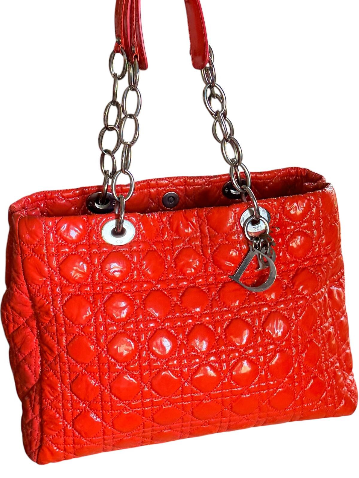 Christian Dior Lady Dior Cannage Orange Patent Leather Tote Bag Silver Hardware