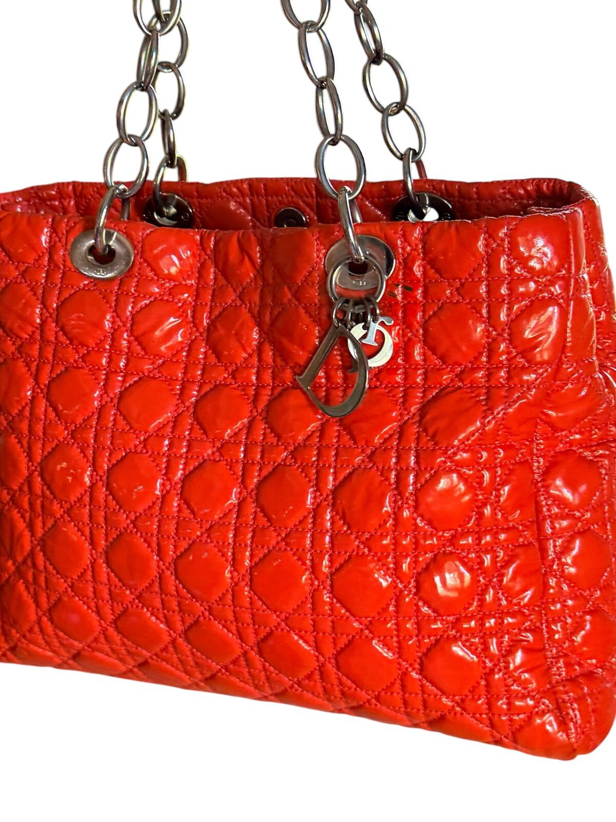 Christian Dior Lady Dior Cannage Orange Patent Leather Tote Bag Silver Hardware