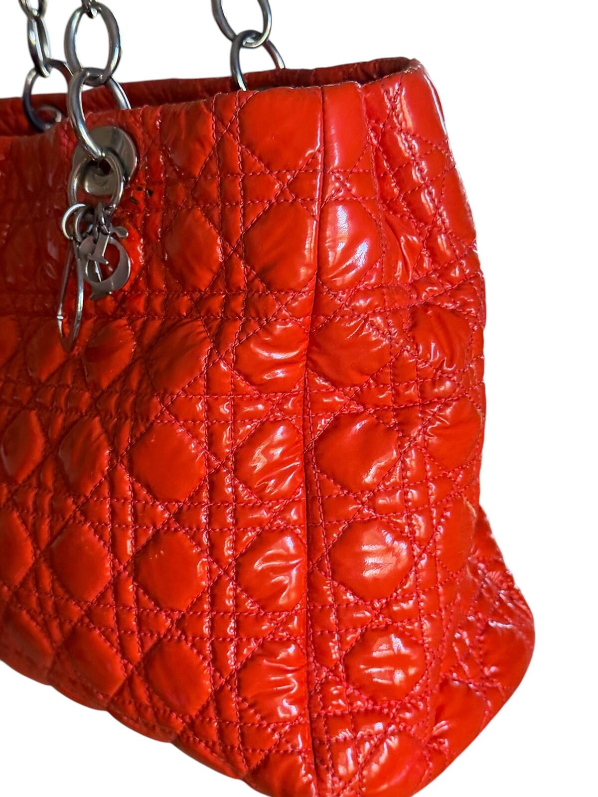 Christian Dior Lady Dior Cannage Orange Patent Leather Tote Bag Silver Hardware