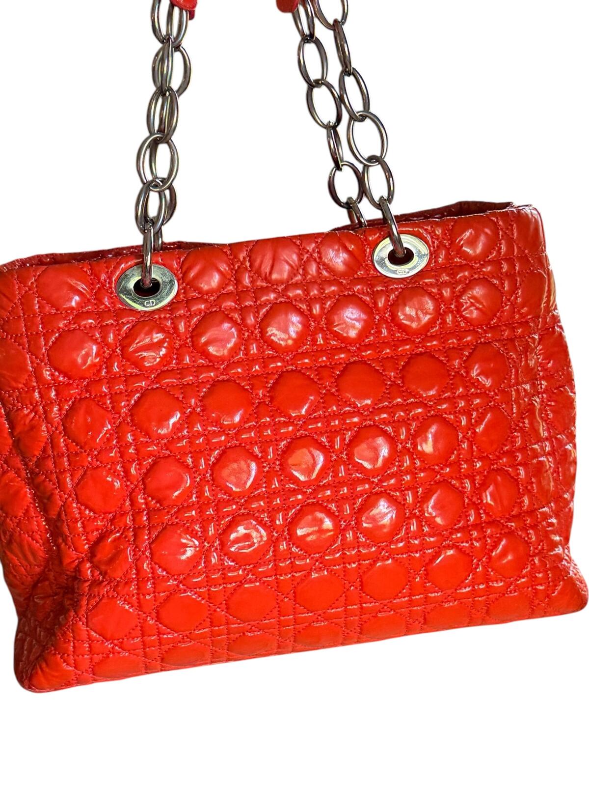 Christian Dior Lady Dior Cannage Orange Patent Leather Tote Bag Silver Hardware