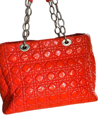 Christian Dior Lady Dior Cannage Orange Patent Leather Tote Bag Silver Hardware