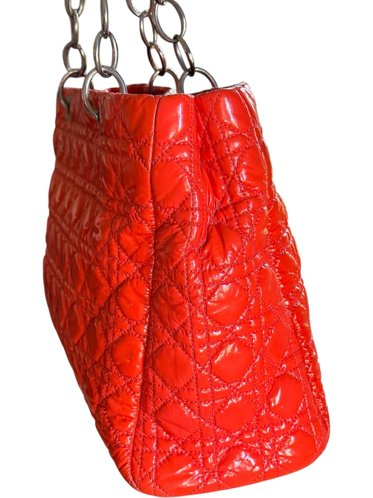 Christian Dior Lady Dior Cannage Orange Patent Leather Tote Bag Silver Hardware