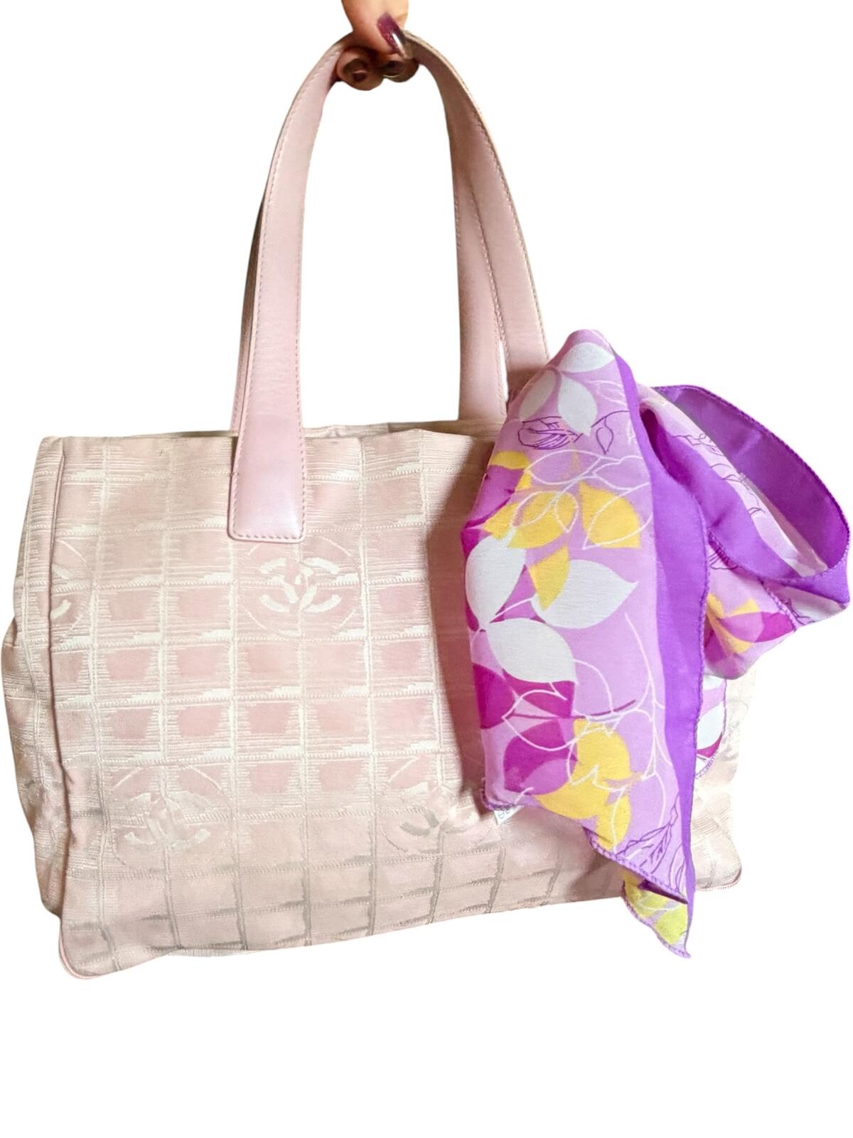 Chanel Pink Travel Line Tote Bag CC Jacquard Canvas Leather Handles Italy