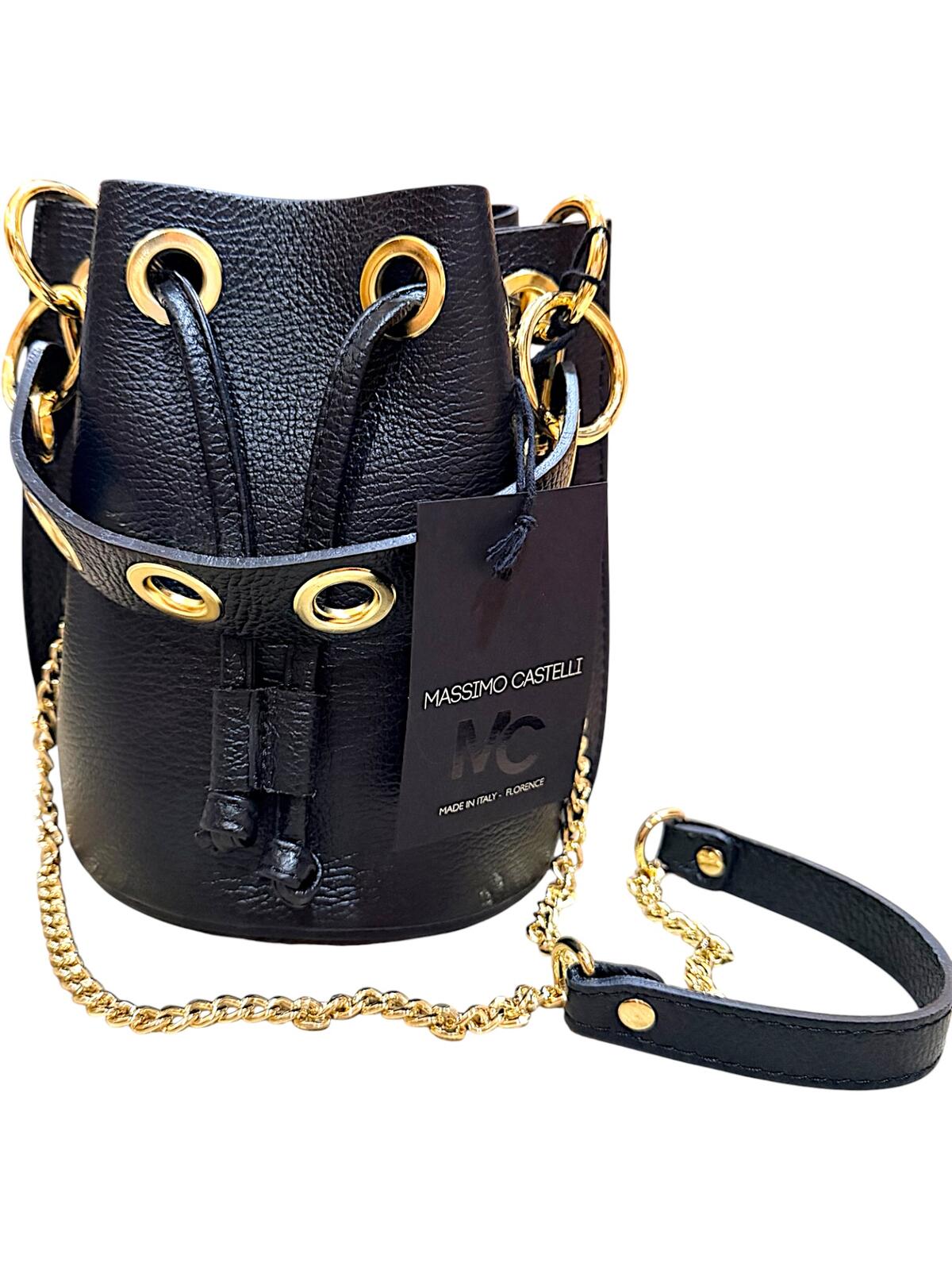 Massimo Castelli Black Leather Bucket Bag with Gold Chain Strap