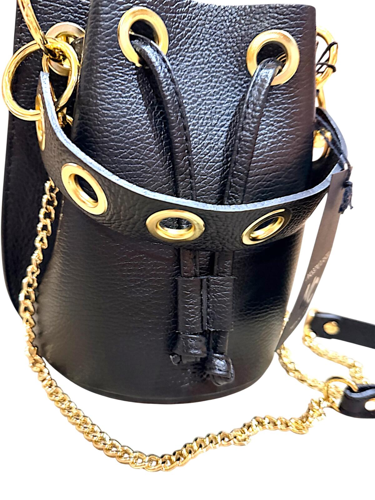 Massimo Castelli Black Leather Bucket Bag with Gold Chain Strap