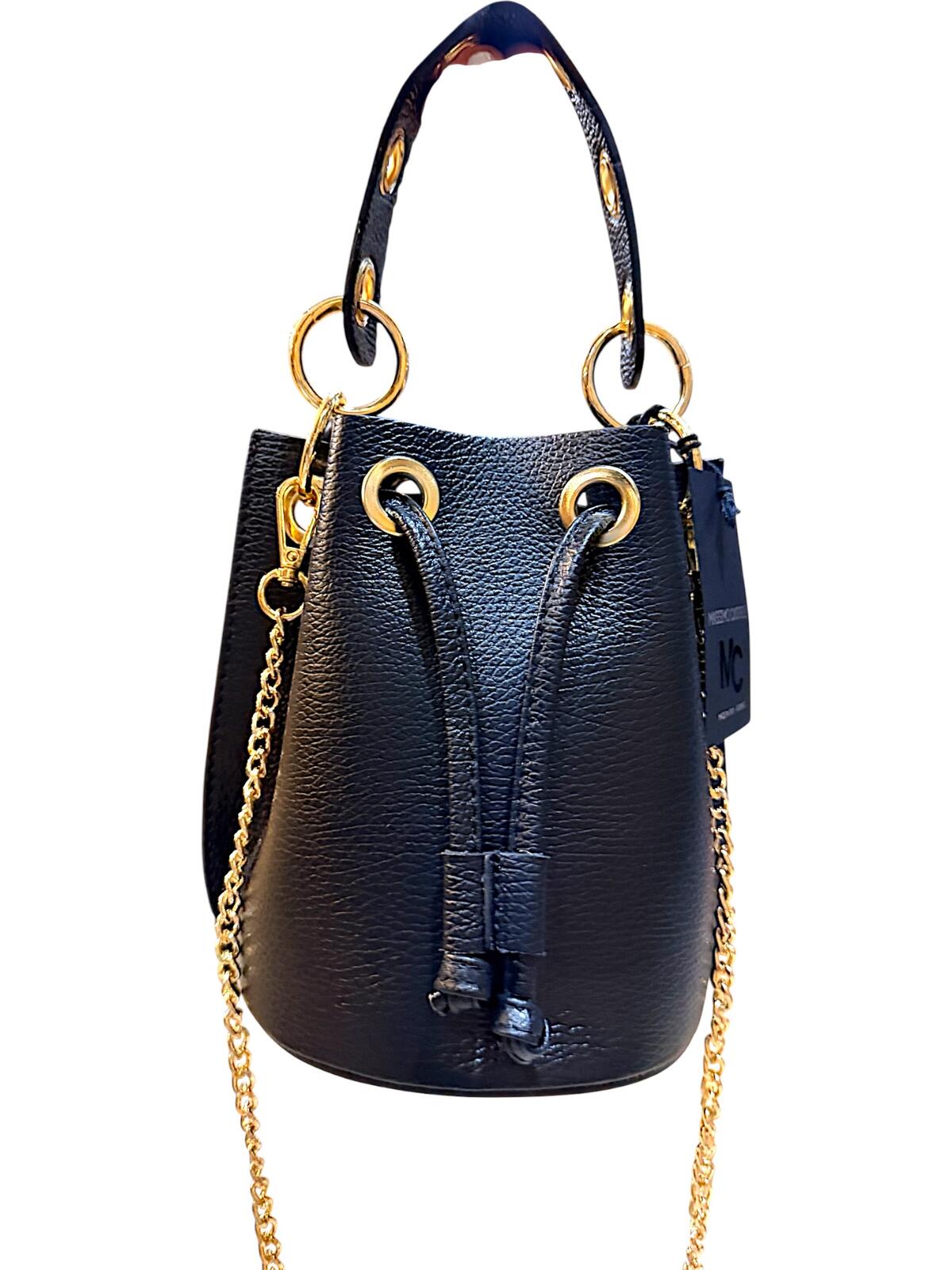 Massimo Castelli Black Leather Bucket Bag with Gold Chain Strap