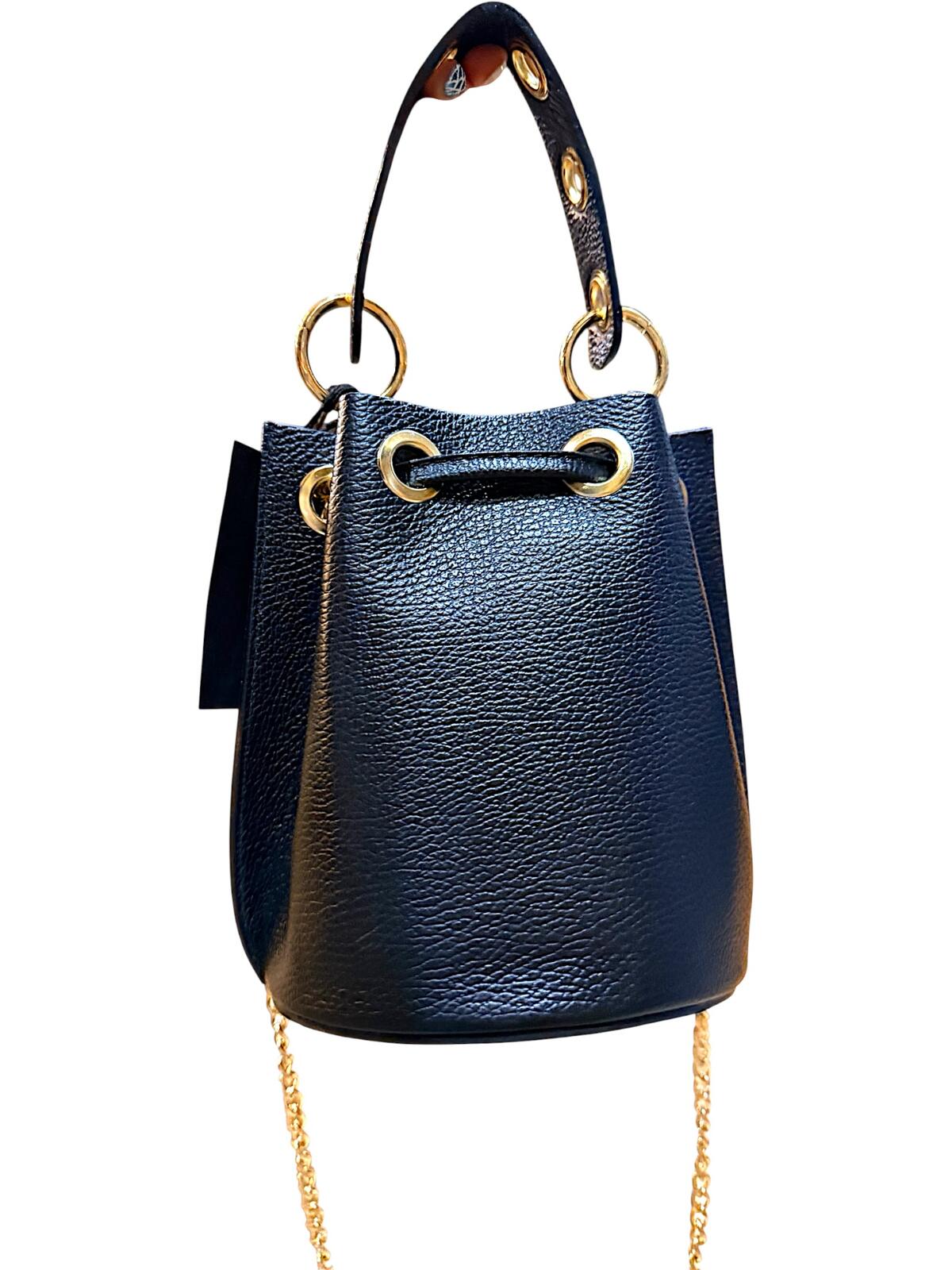 Massimo Castelli Black Leather Bucket Bag with Gold Chain Strap