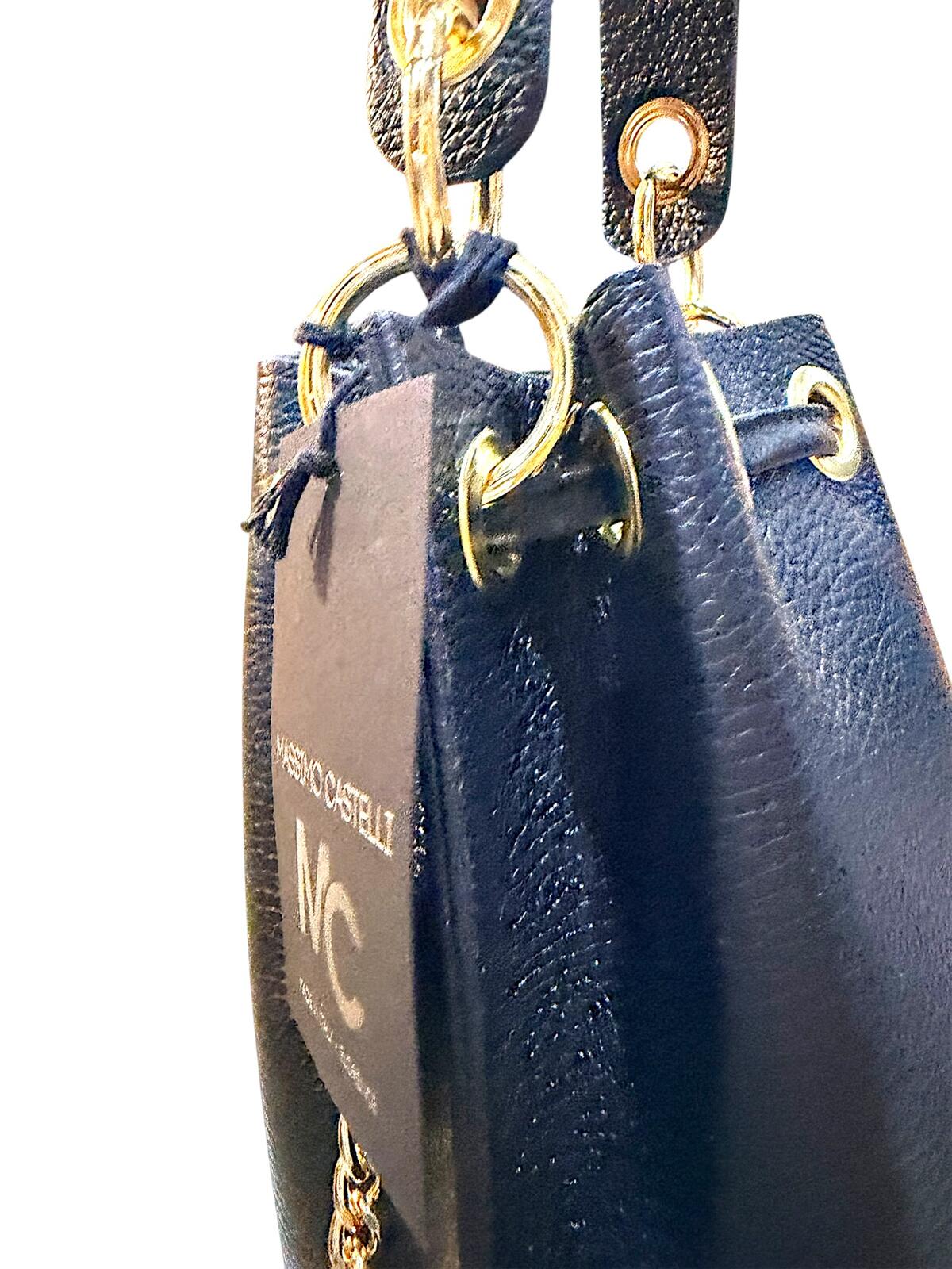 Massimo Castelli Black Leather Bucket Bag with Gold Chain Strap
