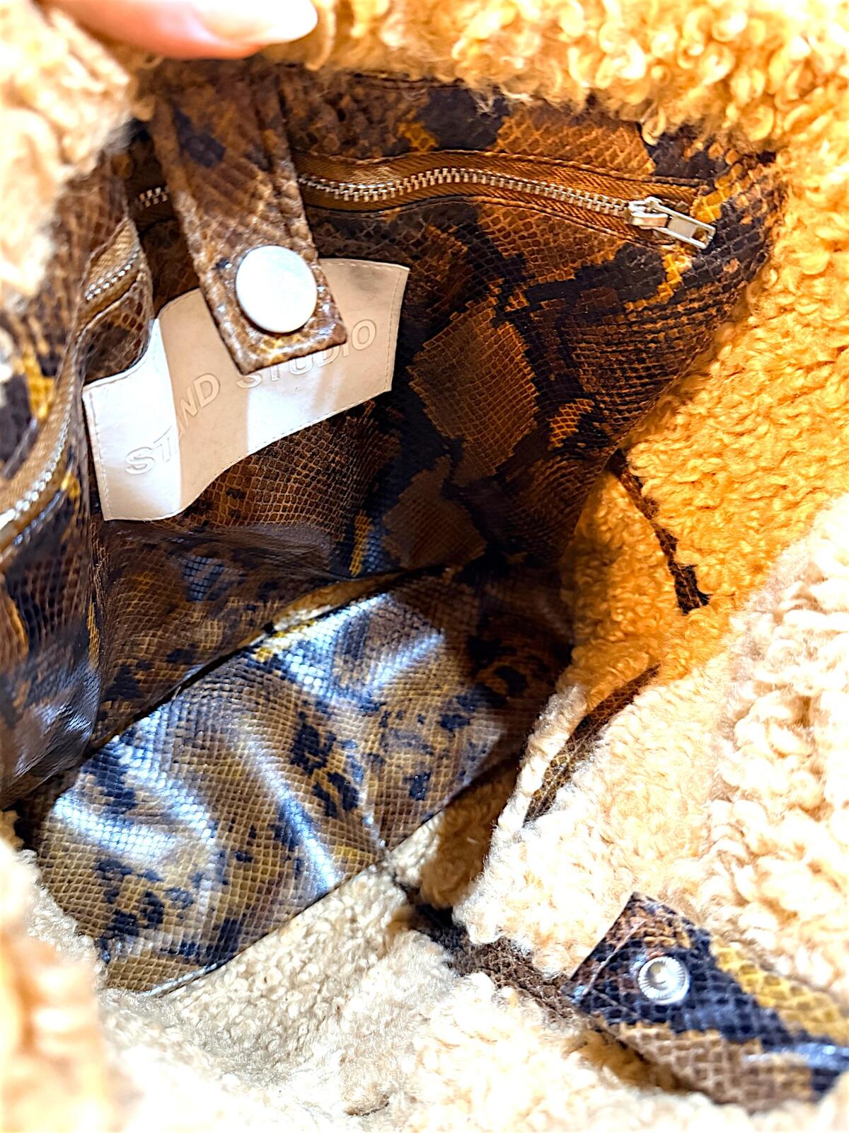 Stand Studio Faux Shearling & Snake Print Tote Bag Beige Brown