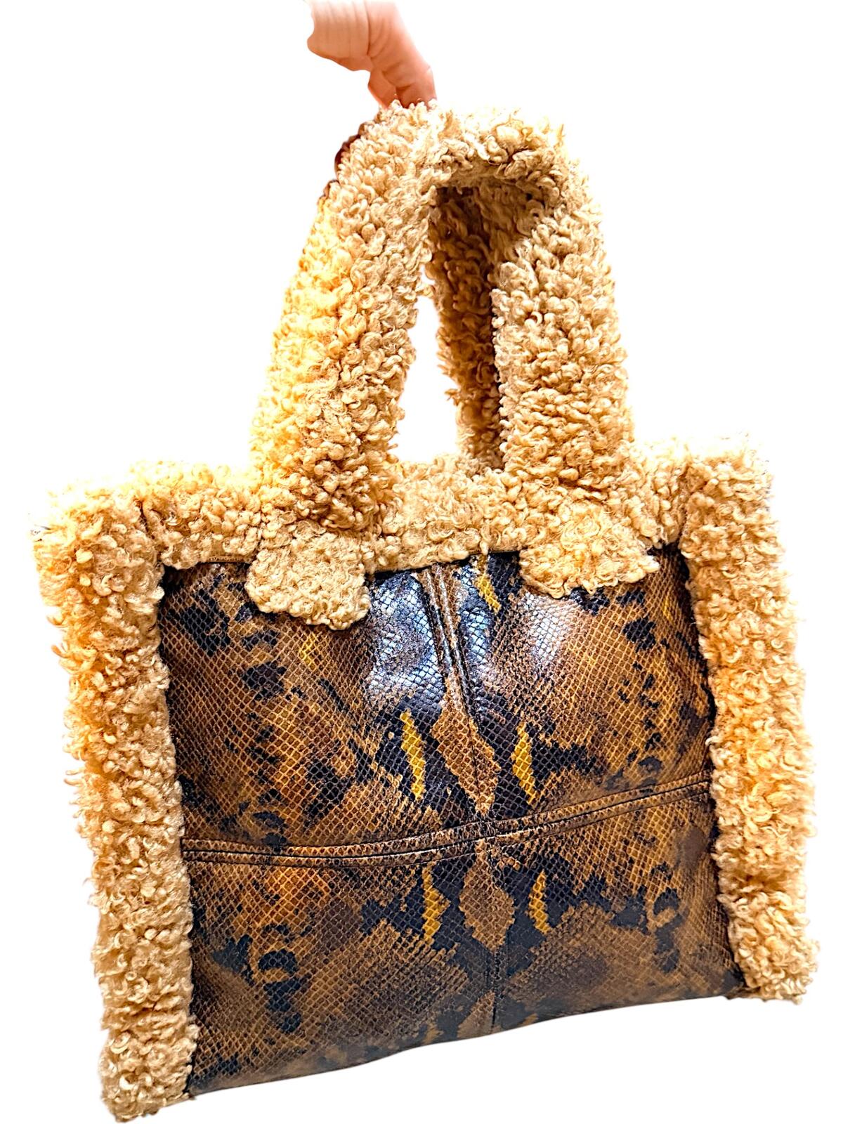Stand Studio Faux Shearling & Snake Print Tote Bag Beige Brown