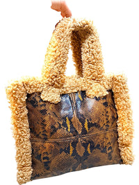 Stand Studio Faux Shearling & Snake Print Tote Bag Beige Brown