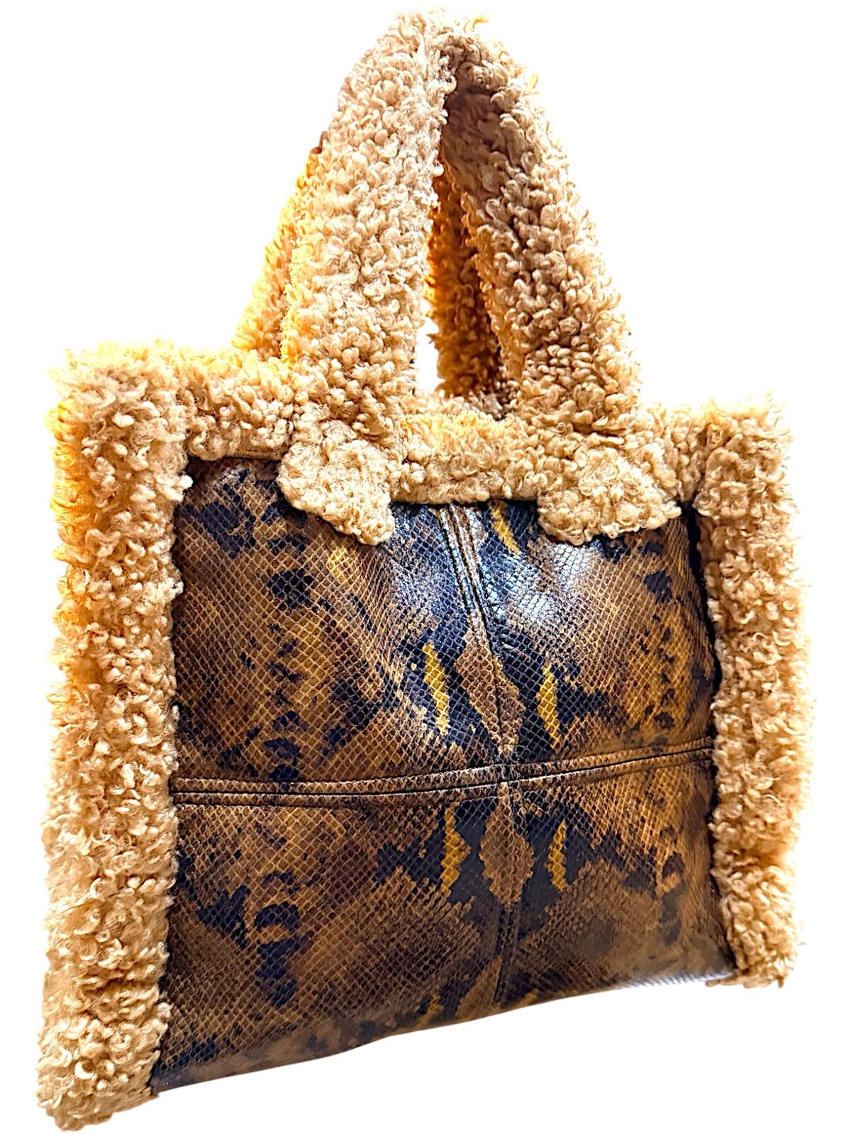 Stand Studio Faux Shearling & Snake Print Tote Bag Beige Brown
