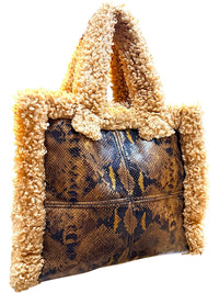 Stand Studio Faux Shearling & Snake Print Tote Bag Beige Brown