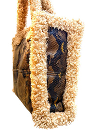 Stand Studio Faux Shearling & Snake Print Tote Bag Beige Brown