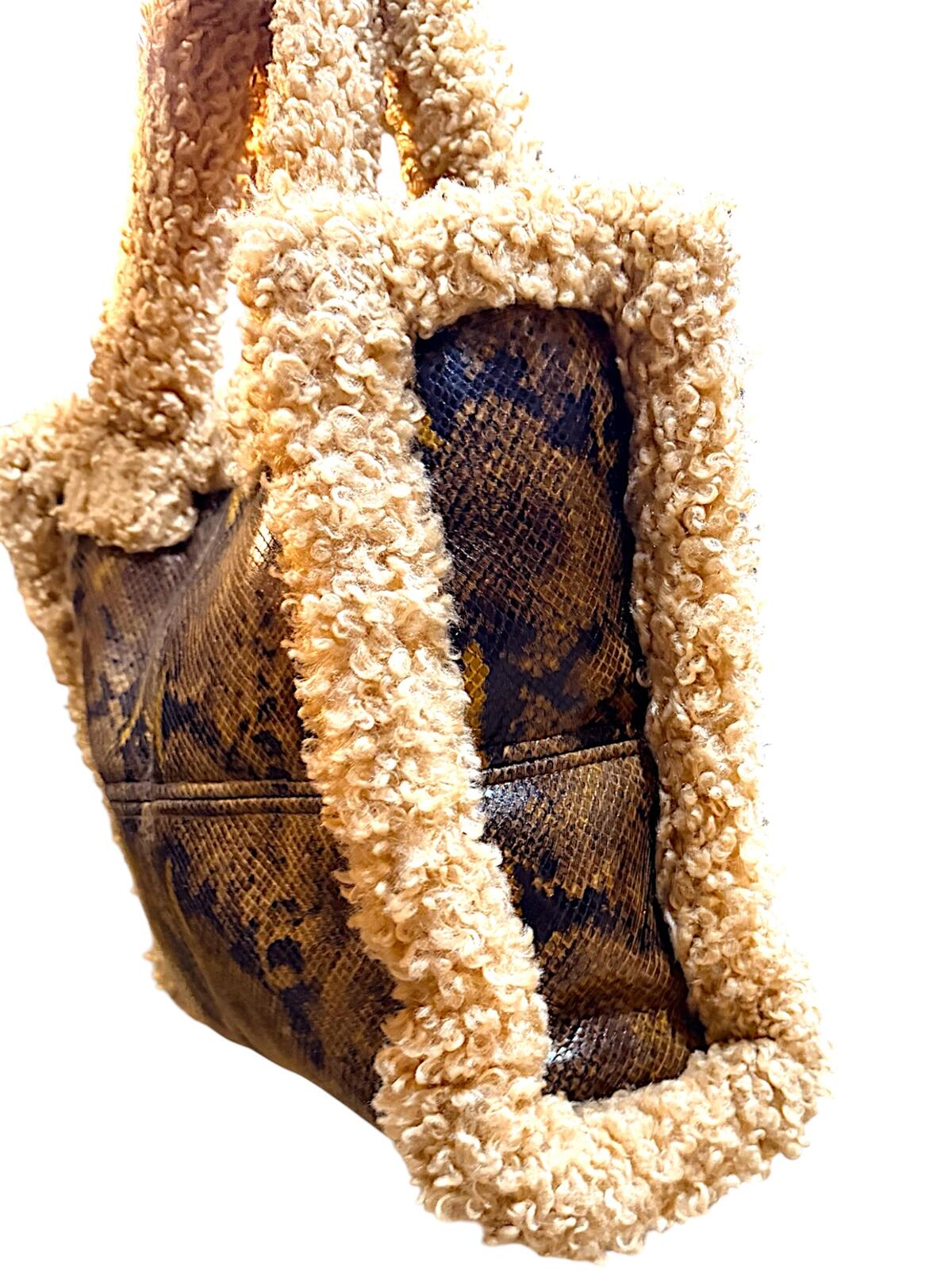 Stand Studio Faux Shearling & Snake Print Tote Bag Beige Brown