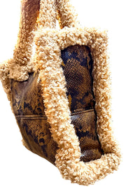Stand Studio Faux Shearling & Snake Print Tote Bag Beige Brown