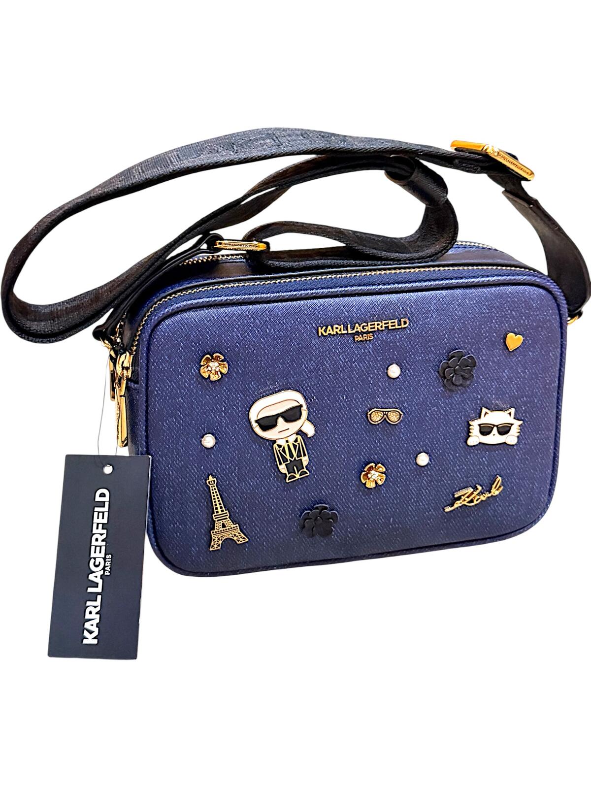 Karl Lagerfeld Denim Blue Crossbody Bag with Decorative Pins
