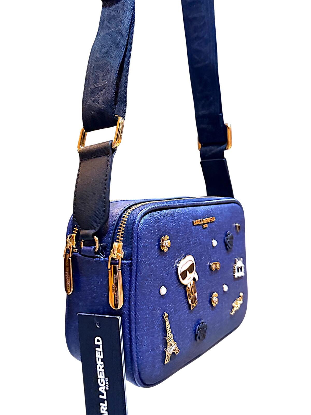 Karl Lagerfeld Denim Blue Crossbody Bag with Decorative Pins