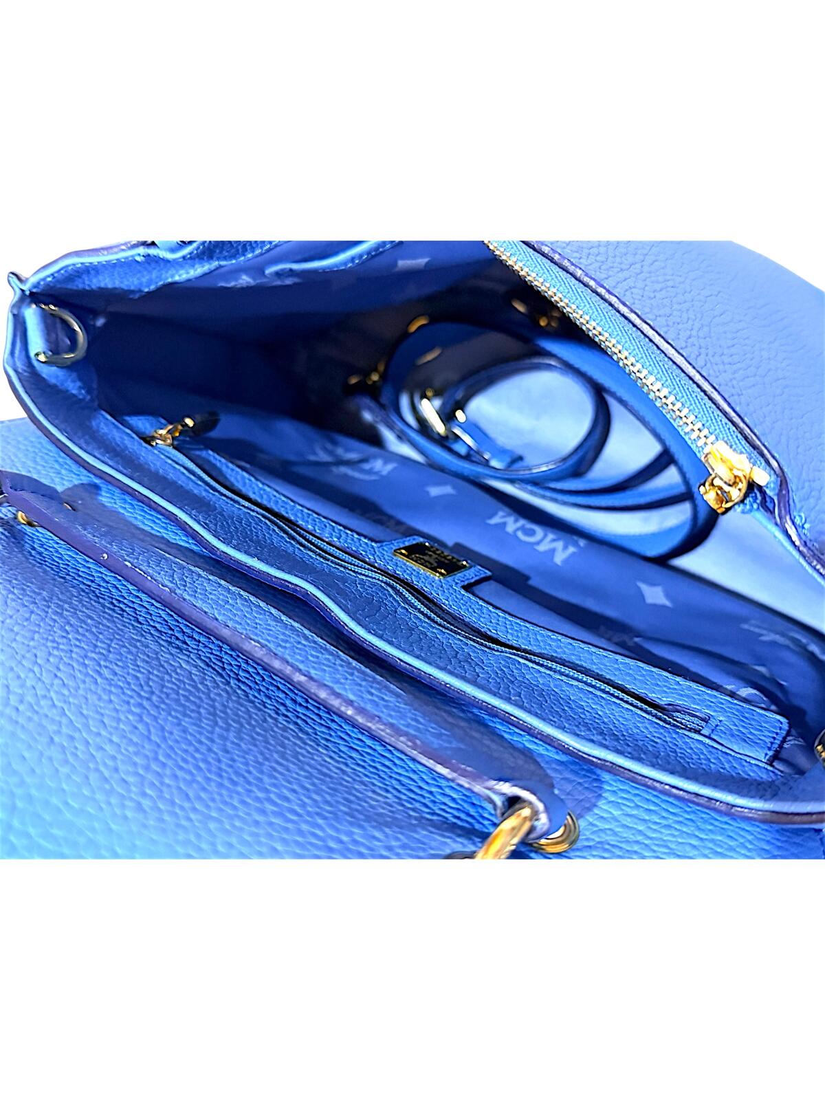 MCM First Lady Pebbled Leather Satchel Crossbody Bag Blue