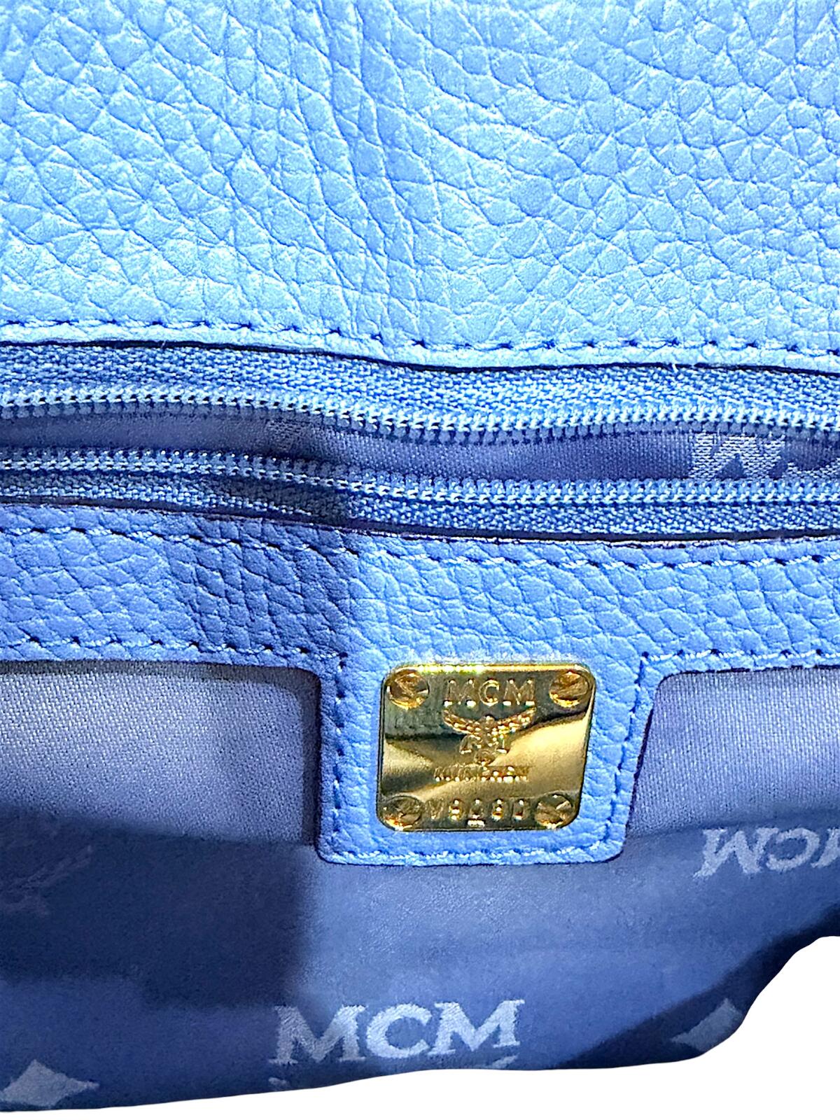 MCM First Lady Pebbled Leather Satchel Crossbody Bag Blue