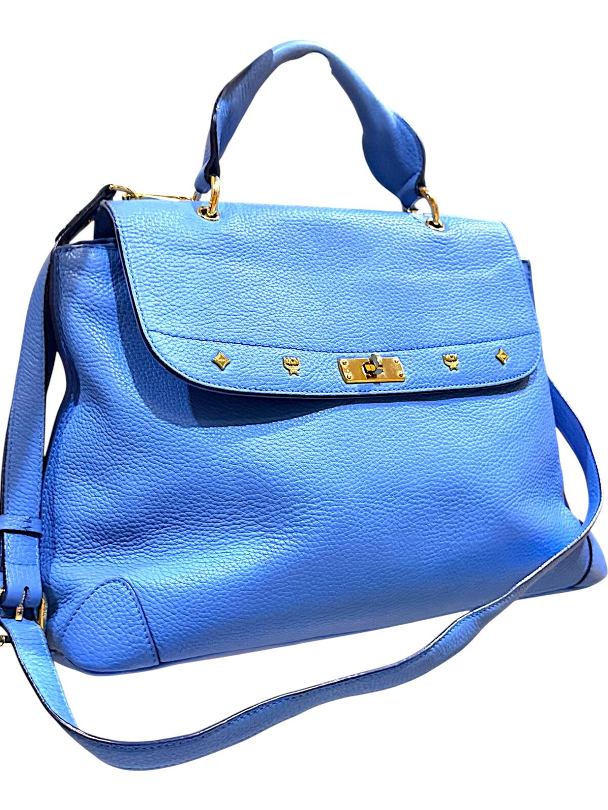 MCM First Lady Pebbled Leather Satchel Crossbody Bag Blue
