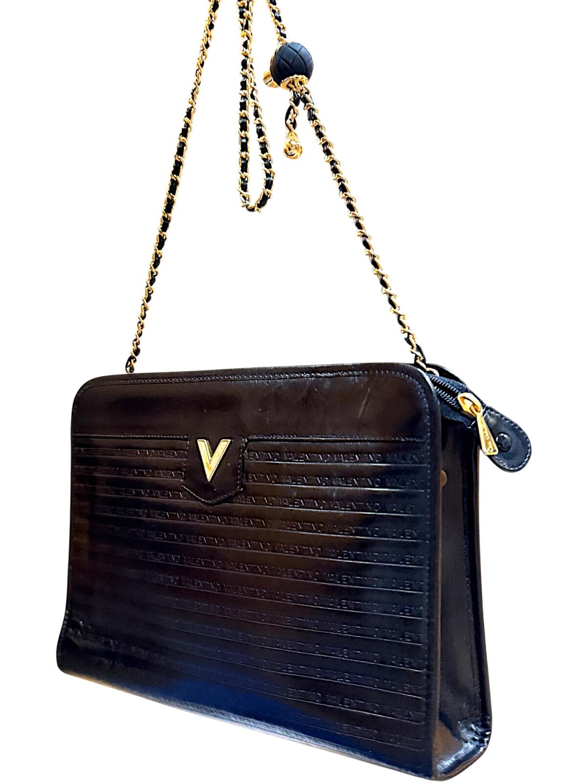 Mario Valentino Black Leather Crossbody Bag Vintage V Logo Chain Purse