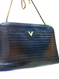 Mario Valentino Black Leather Crossbody Bag Vintage V Logo Chain Purse