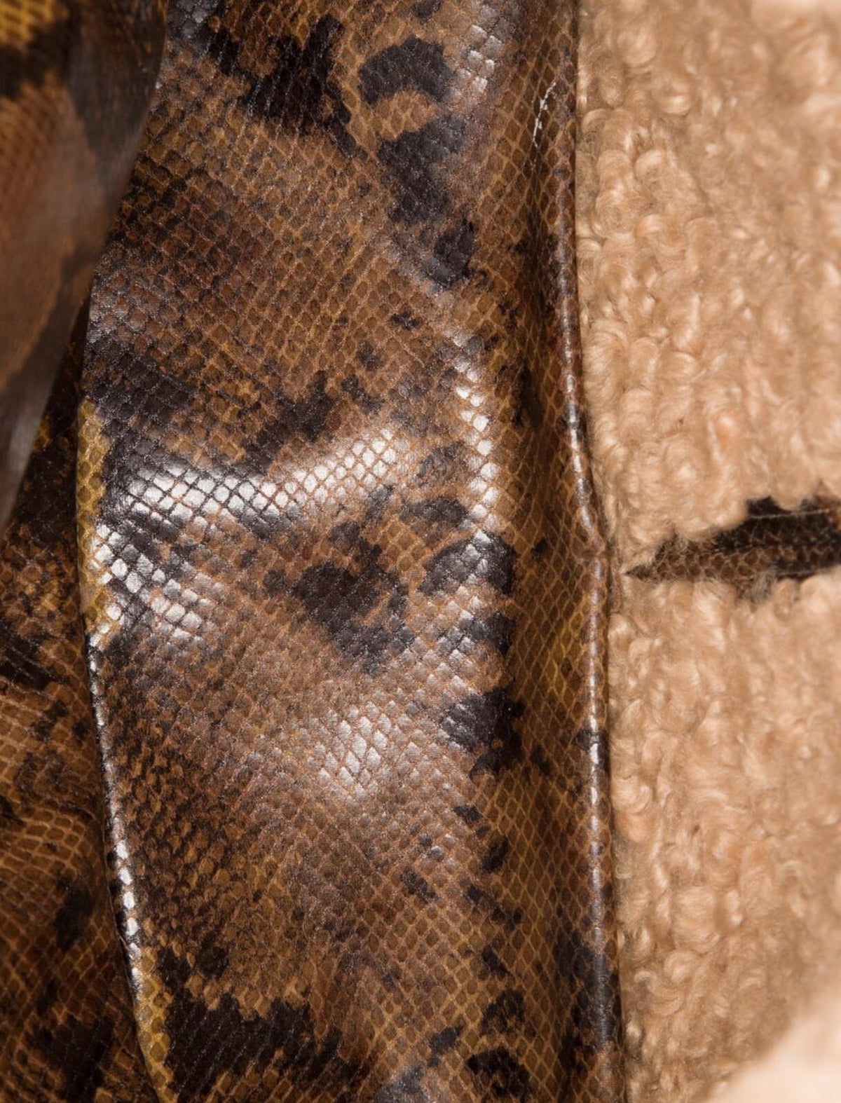 Stand Studio Faux Shearling & Snake Print Tote Bag Beige Brown