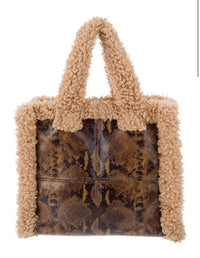 Stand Studio Faux Shearling & Snake Print Tote Bag Beige Brown