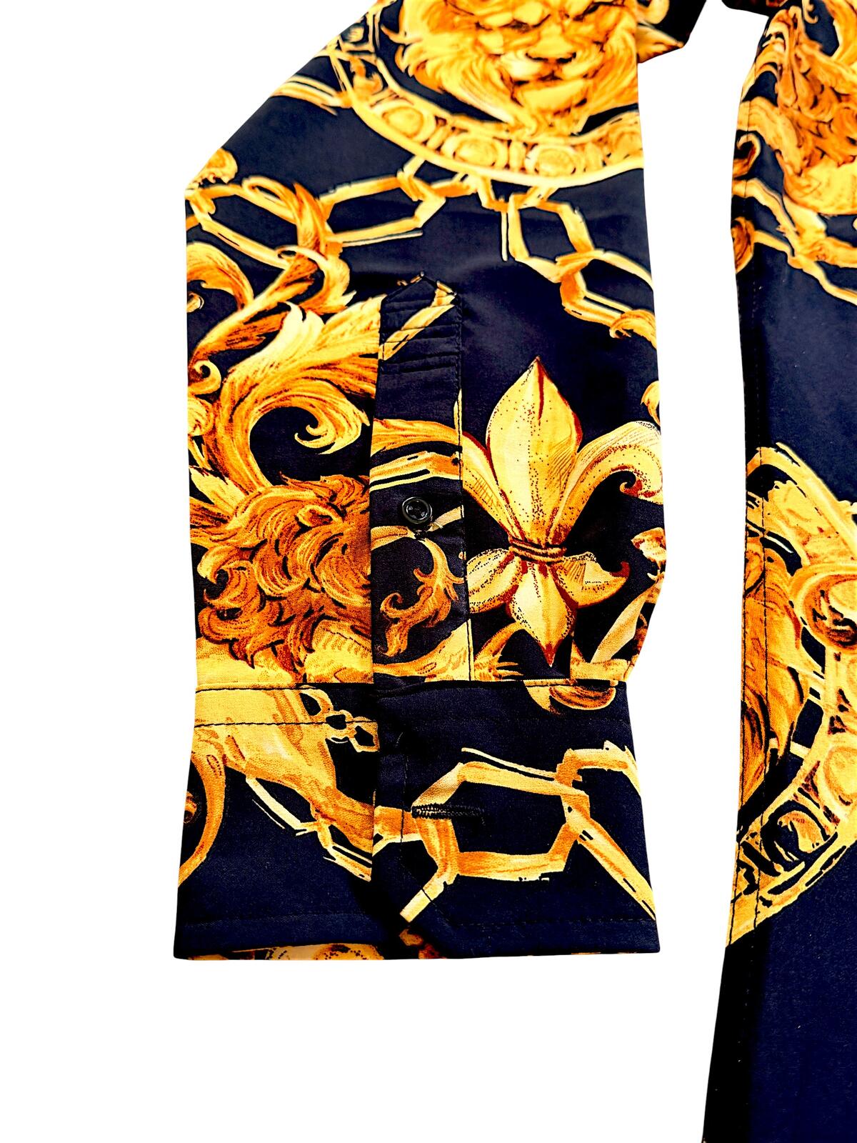 Baroque Gold Italian Designer Style Shirt Royal Lion Head Size M