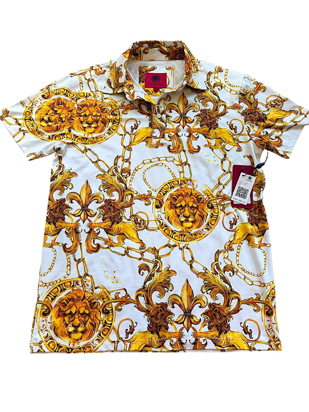 Platini White Polo Shirt with Gold Lion and Chain Print