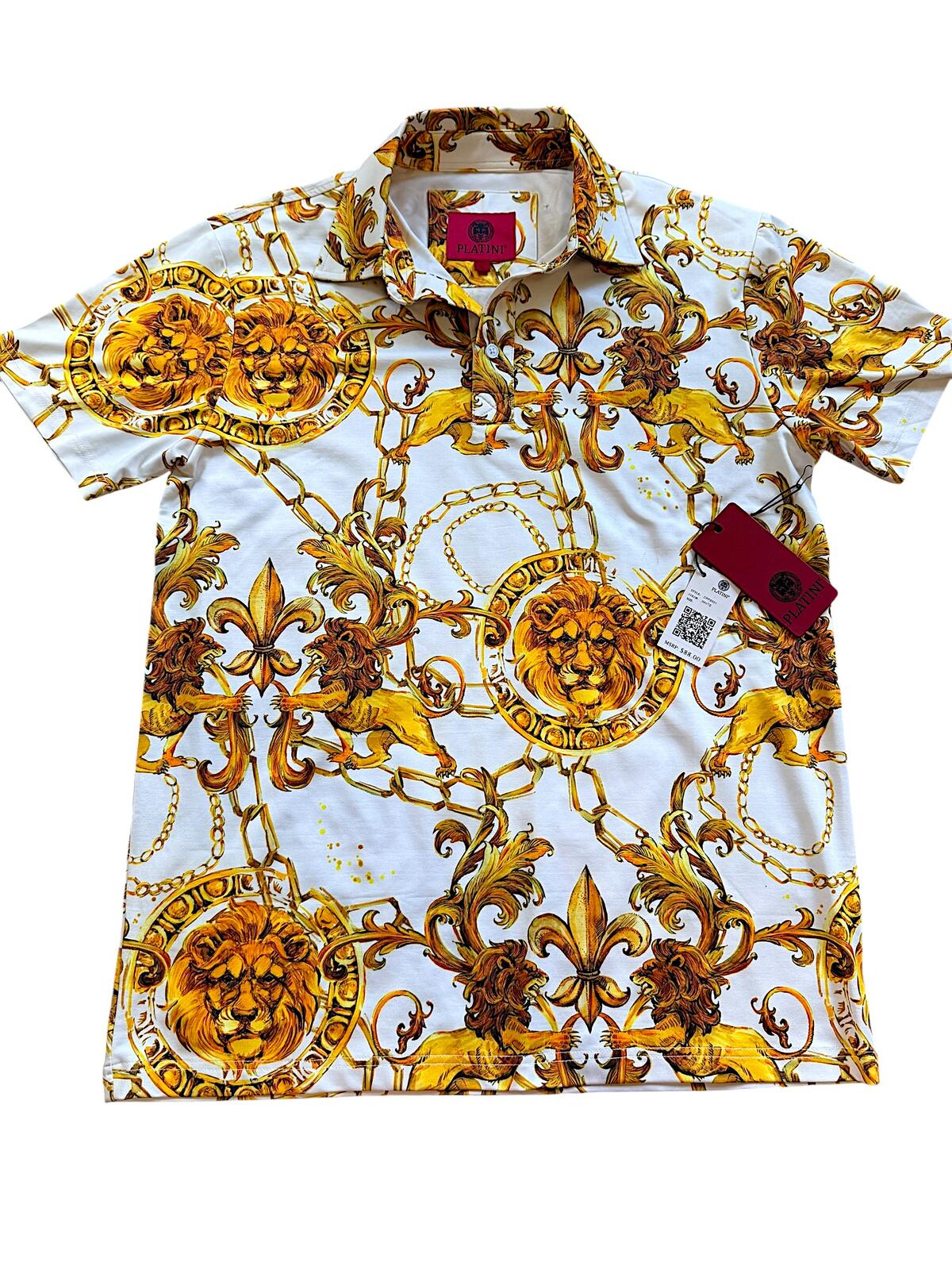 Platini White Polo Shirt with Gold Lion and Chain Print