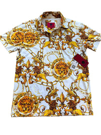 Platini White Polo Shirt with Gold Lion and Chain Print