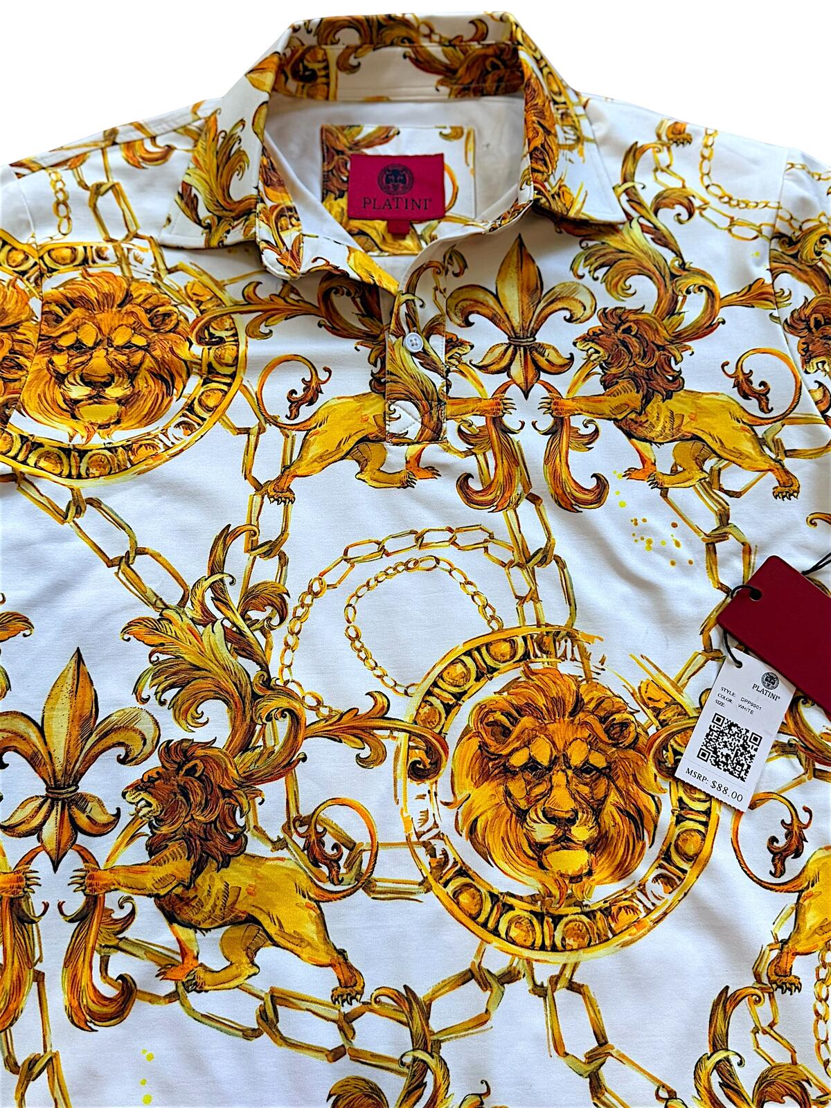 Platini White Polo Shirt with Gold Lion and Chain Print