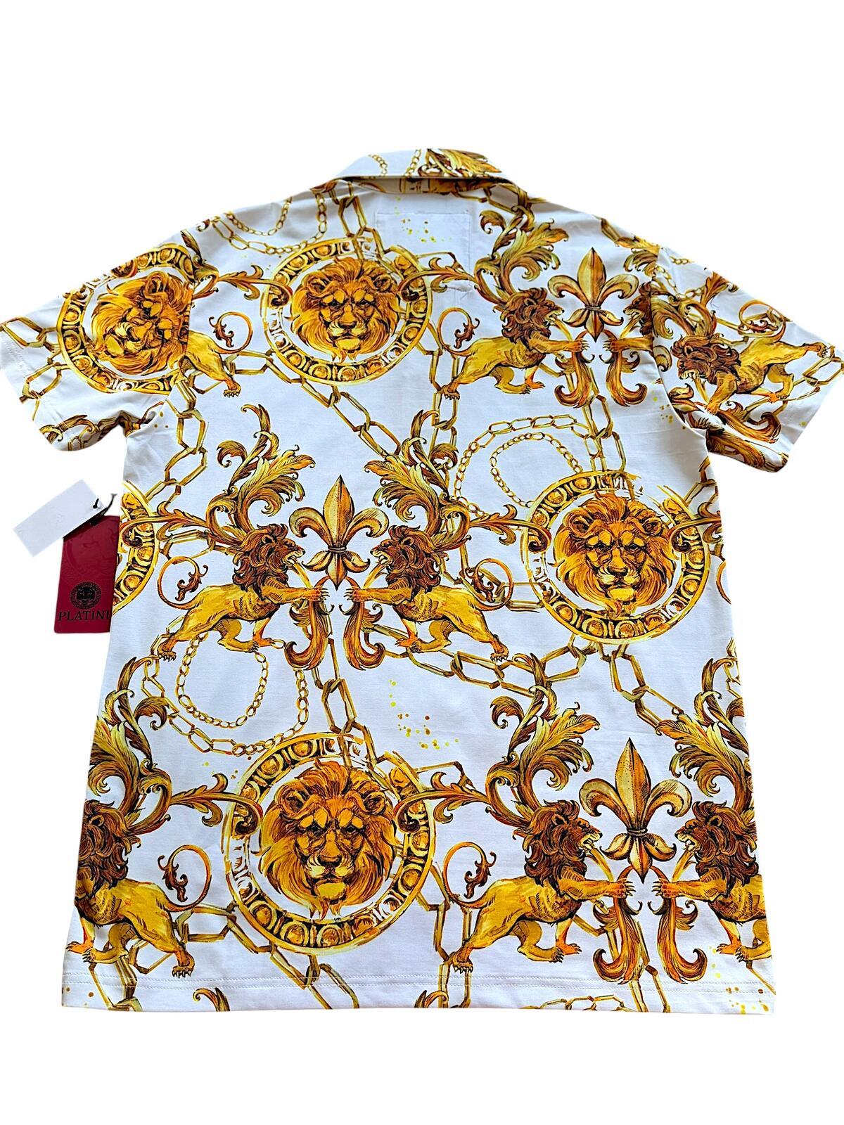 Platini White Polo Shirt with Gold Lion and Chain Print